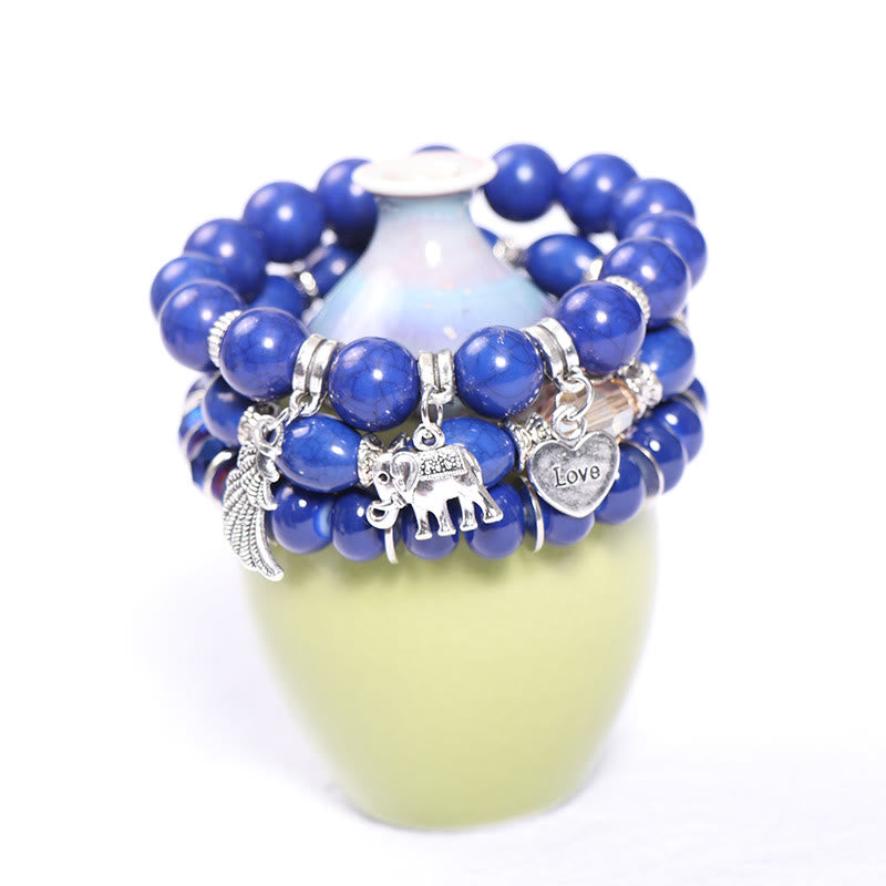 Olivenorma Elephant Wings Heart Pendant Beaded Bracelet Set