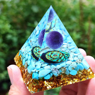 Olivenorma Turquoise With Amethyst Ball Orgone Pyramid