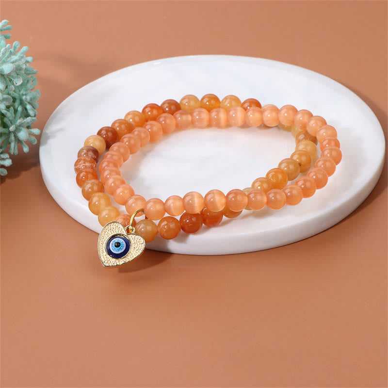 Olivenorma Cat's Eye Stone Evil Eye Pendant Double Layer Bracelet