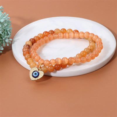 Olivenorma Cat's Eye Stone Evil Eye Pendant Double Layer Bracelet