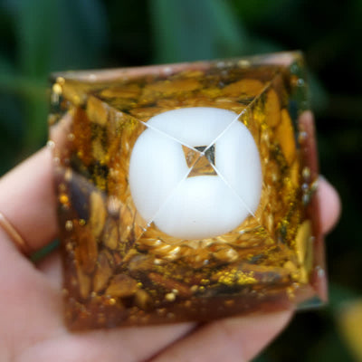 Olivenorma White Agate Sphere With Tiger Eye Lotus Orgone Pyramid