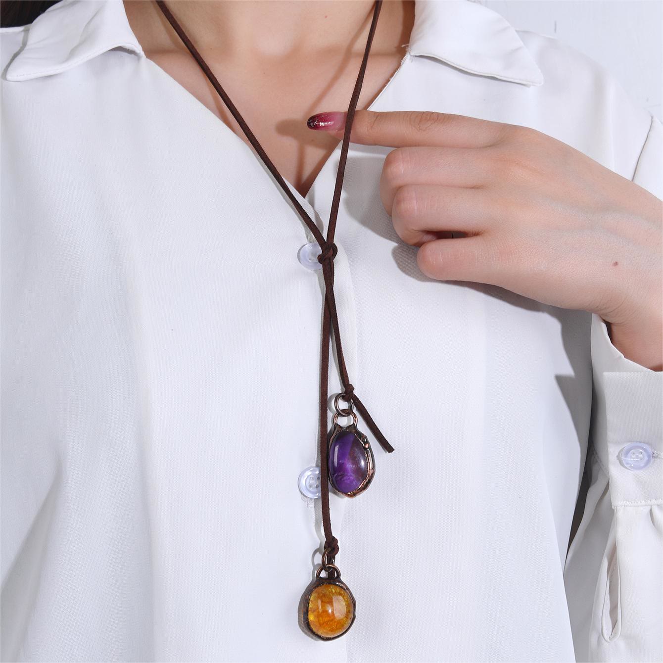 OlivenormaNatural Rough Stone Irregular Pendant Leather Rope Necklace