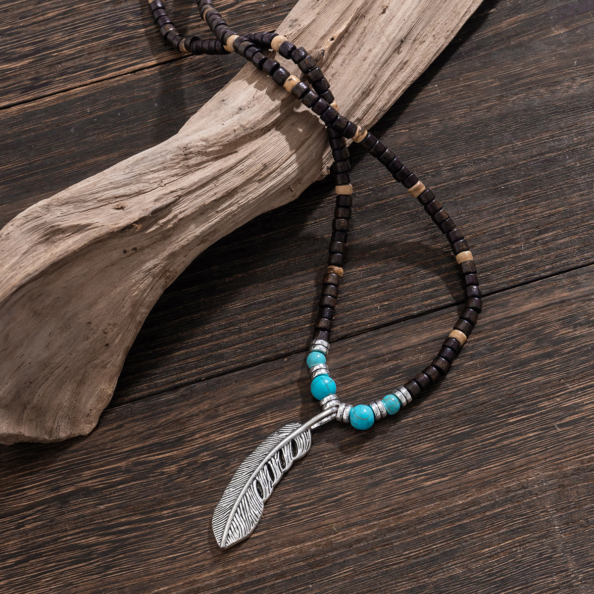 Olivenorma Turquoise Wooden Bead Feather Pendant Bohemian Necklace