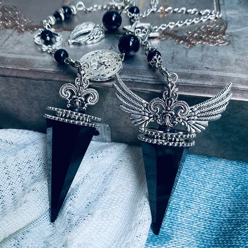 Olivenorma Obsidian Crystal Angel Wings Star Pendulum