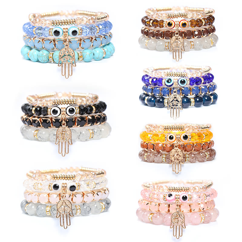 Olivenorma Evil Eye Hamsa Four Layer Beaded Bracelet Set