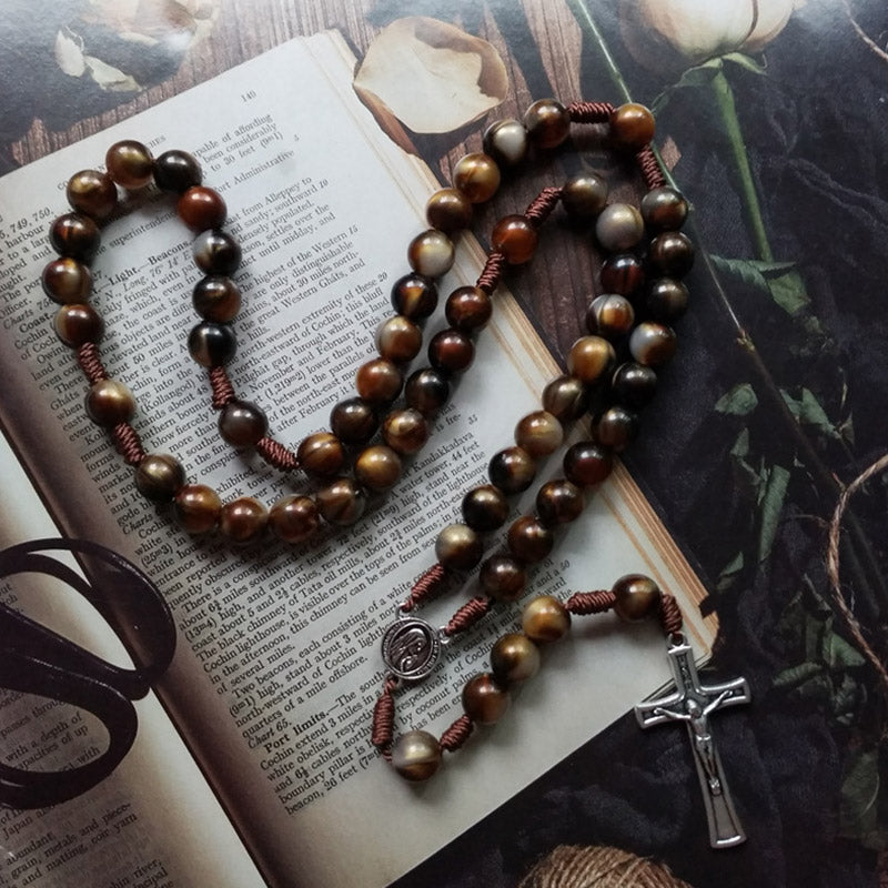Olivenorma 10mm Agate Beads Jesus Cross Pendant Rosary Necklace - Agate - image 1