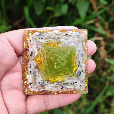 Olivenorma Moonstone with Peridot Tree Of Life Orgone Pyramid