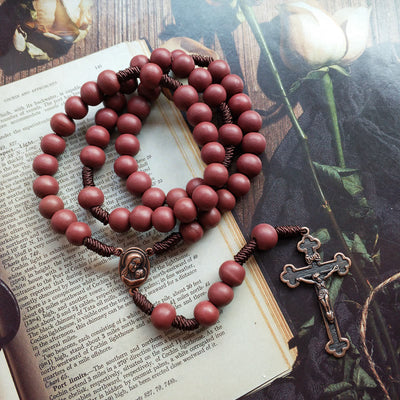 Olivenorma Red Brown 10mm Wooden Bead Cross Rosary Necklace