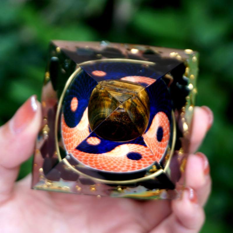 Olivenorma Tiger Eye Sphere With Obsidian Reki Orgone Pyramid