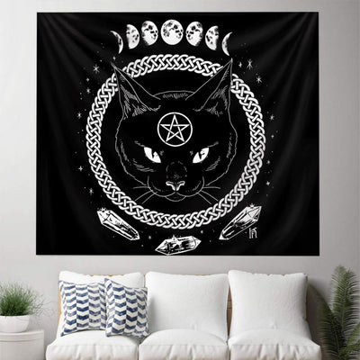 Olivenorma Black Cat Witch Moon Phase Pattern Tapestry