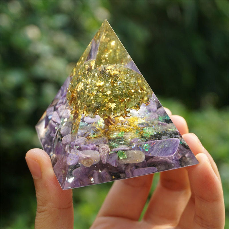 Olivenorma Tree of Life Peridot With Charoite Orgone Pyramid