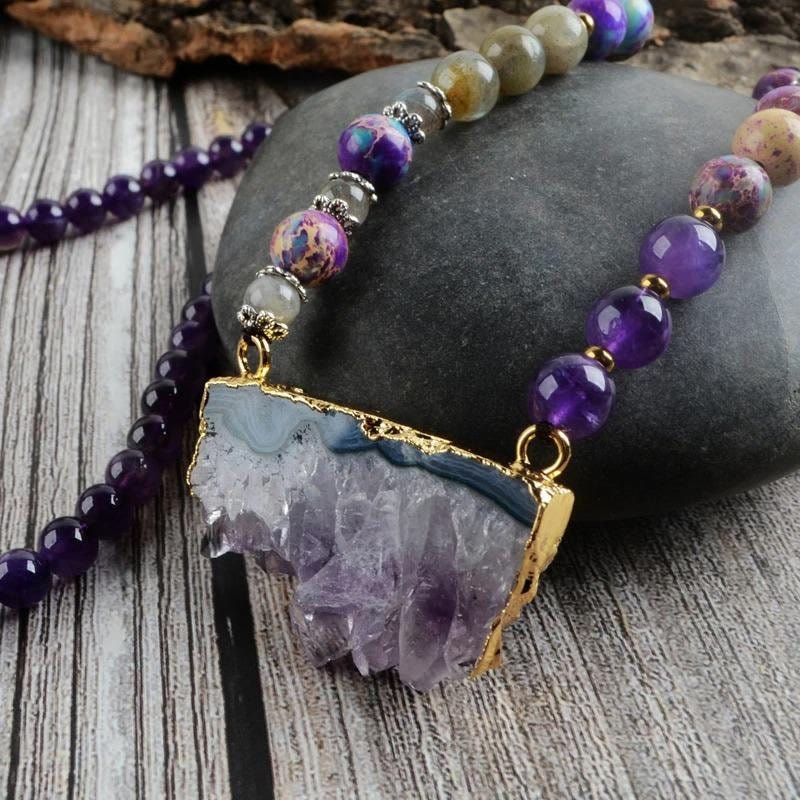 Olivenorma Rainbow Fluorite Amethyst Emperor Labradorite Mala Beaded Necklace