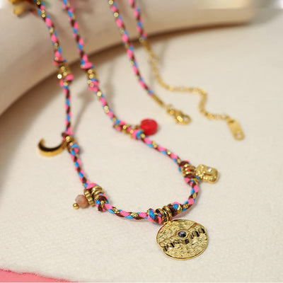 Olivenorma Crystal Metal Sheet Pendant Colorful Braided Rope Necklace