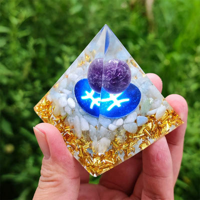 Olivenorma Amethyst with White Agate Pisces Zodiac Orgone Pyramid