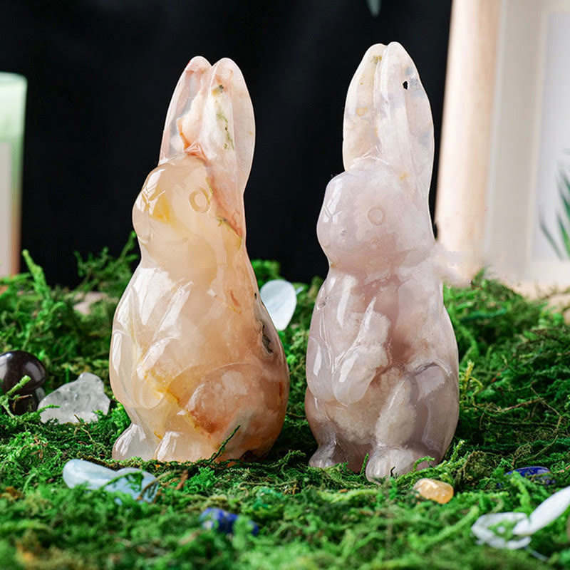 Olivenorma Cherry Blossom Agate Peter Rabbit Carved Gemstone Decoration