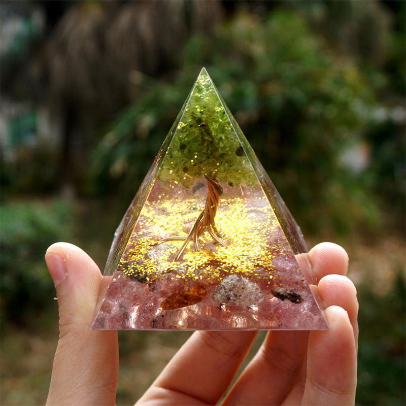 Olivenorma Tree of Life Peridot and Strawberry Quartz Orgone Pyramid