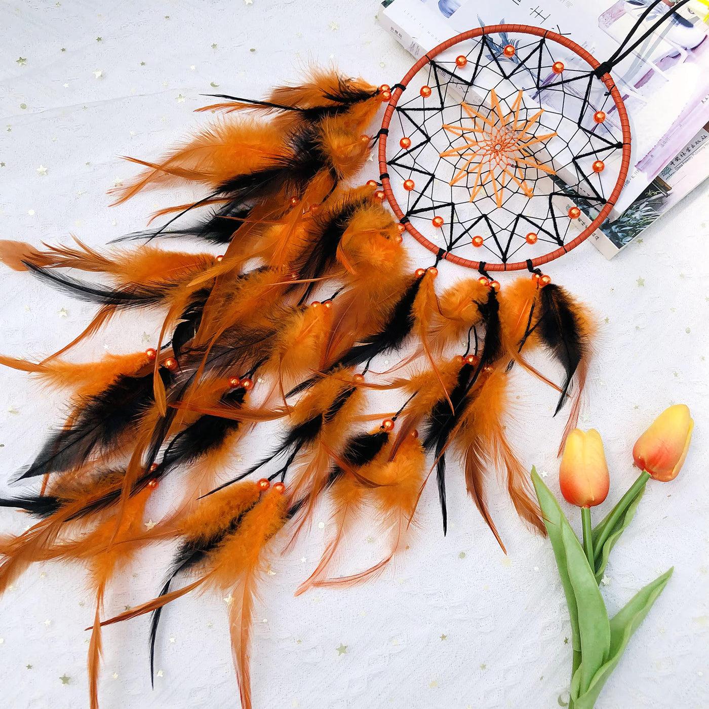 Olivenorma Acrylic Beads Orange Feather Handmade Halloween Dream Catcher