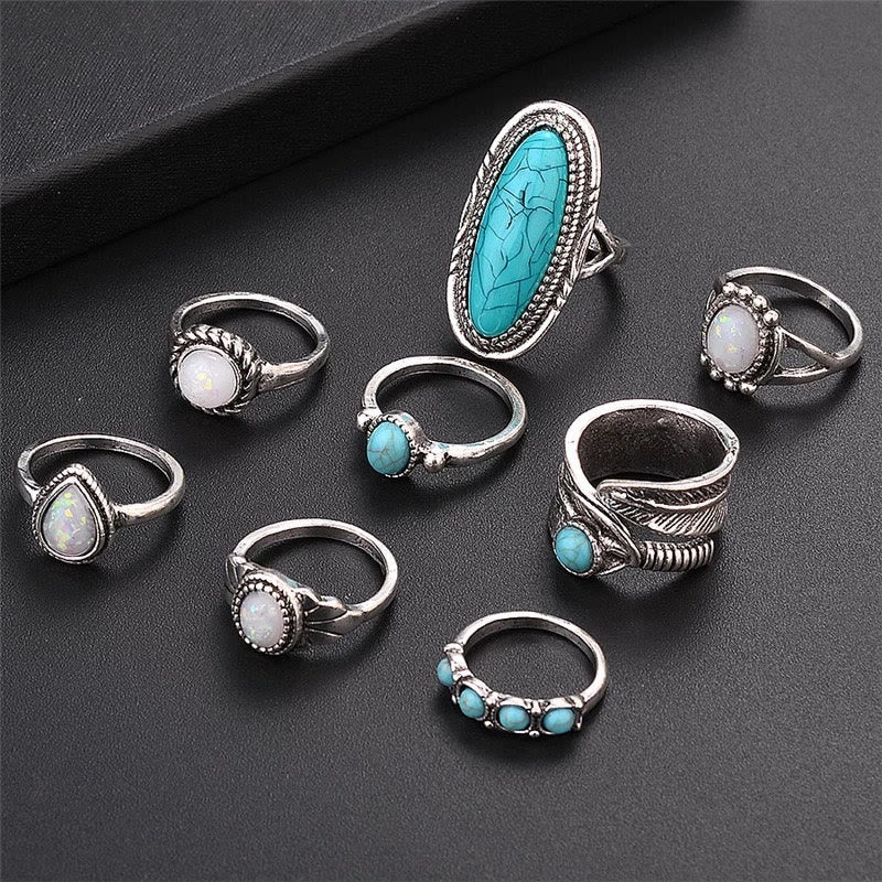 Olivenorma Opal Turquoise Elephant Leaf 8-Piece Ring Set