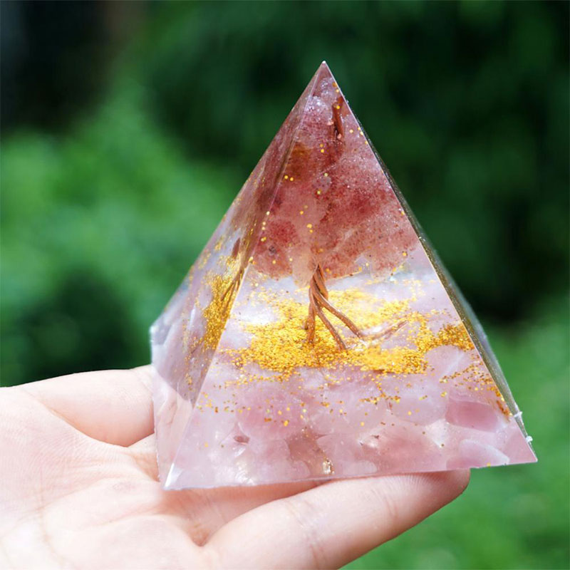 Olivenorma Tree of Life Strawberry Quartz With Rose Quartz Orgone Pyramid