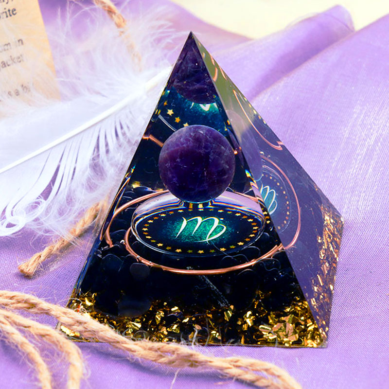 Olivenorma Amethyst Sphere with Obsidian Zodiac Virgo Orgone Pyramid